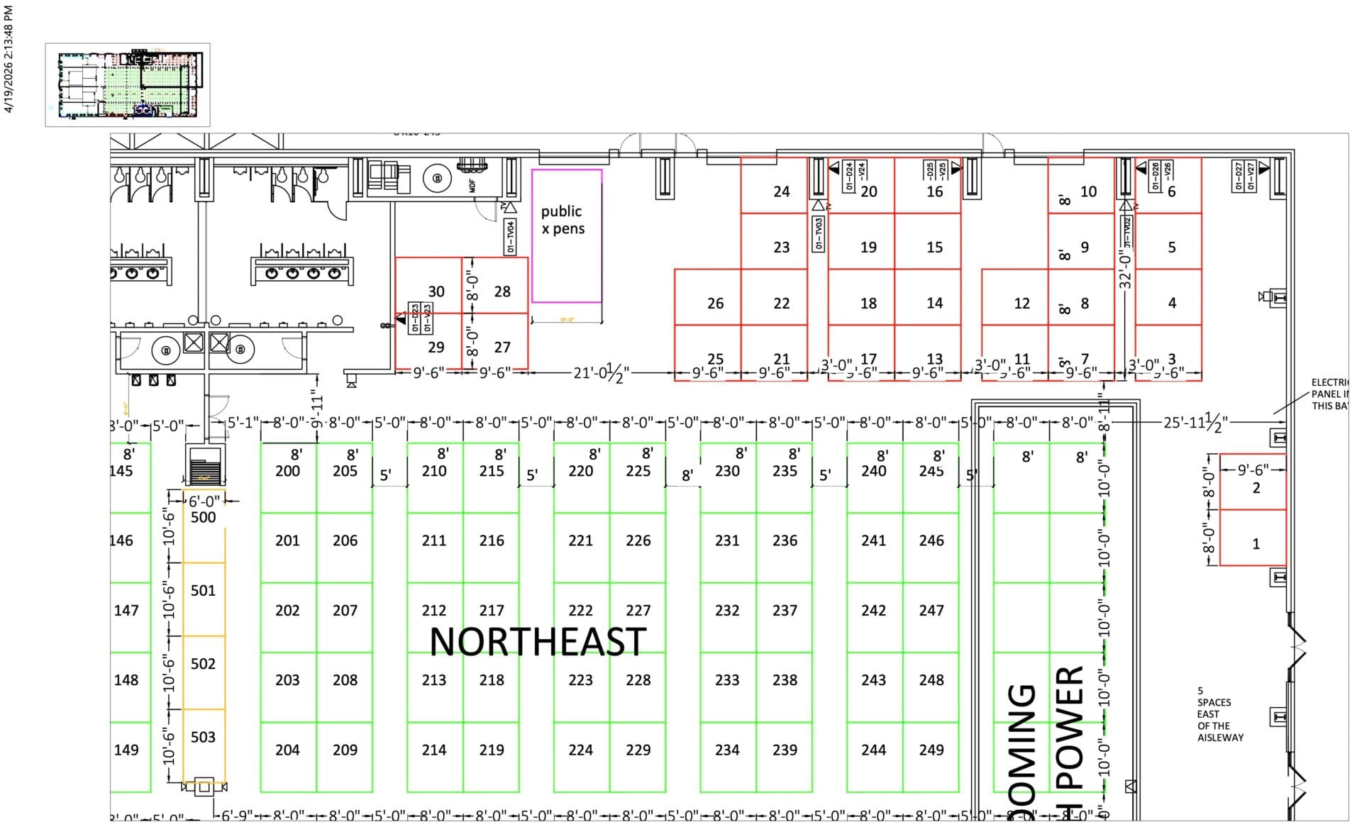 Northeast mining layout floor plan with numbered pens