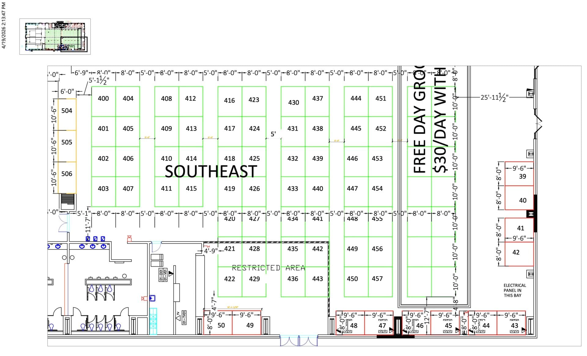 Southeast floor plan with numbered booths and dimensions