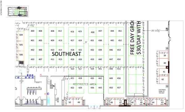 Southeast floor plan with numbered booths and dimensions