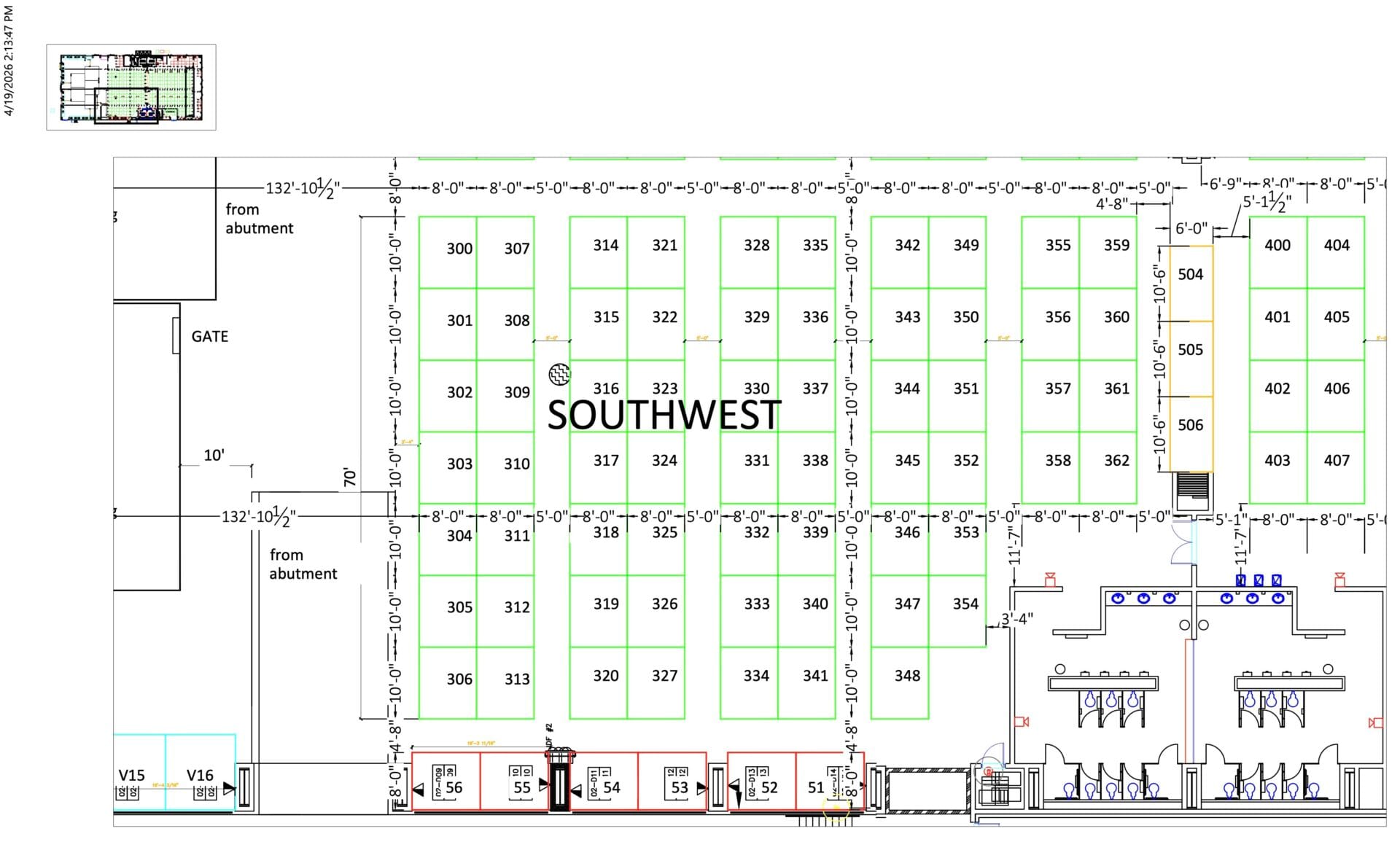 Southwest section floor plan with numbered spaces